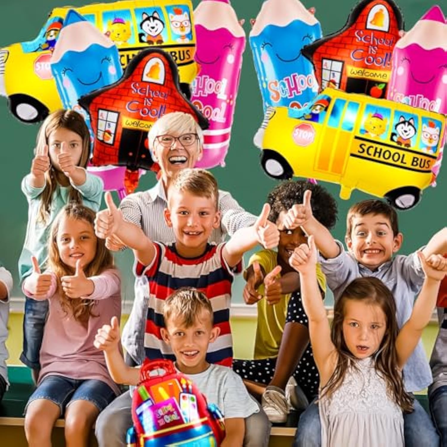 8-pc back-to-school decor with bus and pencil foil balloons for first-day parties