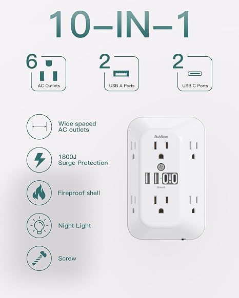 Surge Protector Outlet Extender 6 Outlets 4 USB Ports Night Light 1800J Wall Plug White