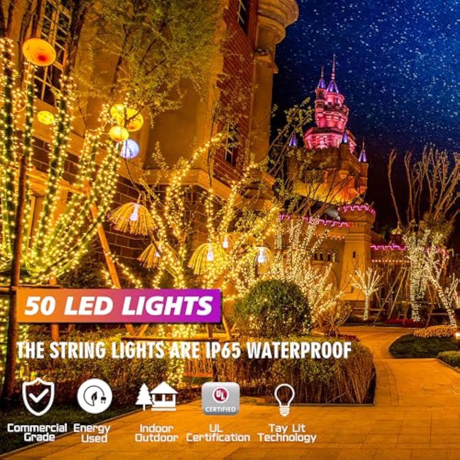 25Ft 50 Counts Yellow Led Christmas Lights - Commercial Grade Outdoor Waterproof, Wide Angle Green Wire, Xmas Tree Light