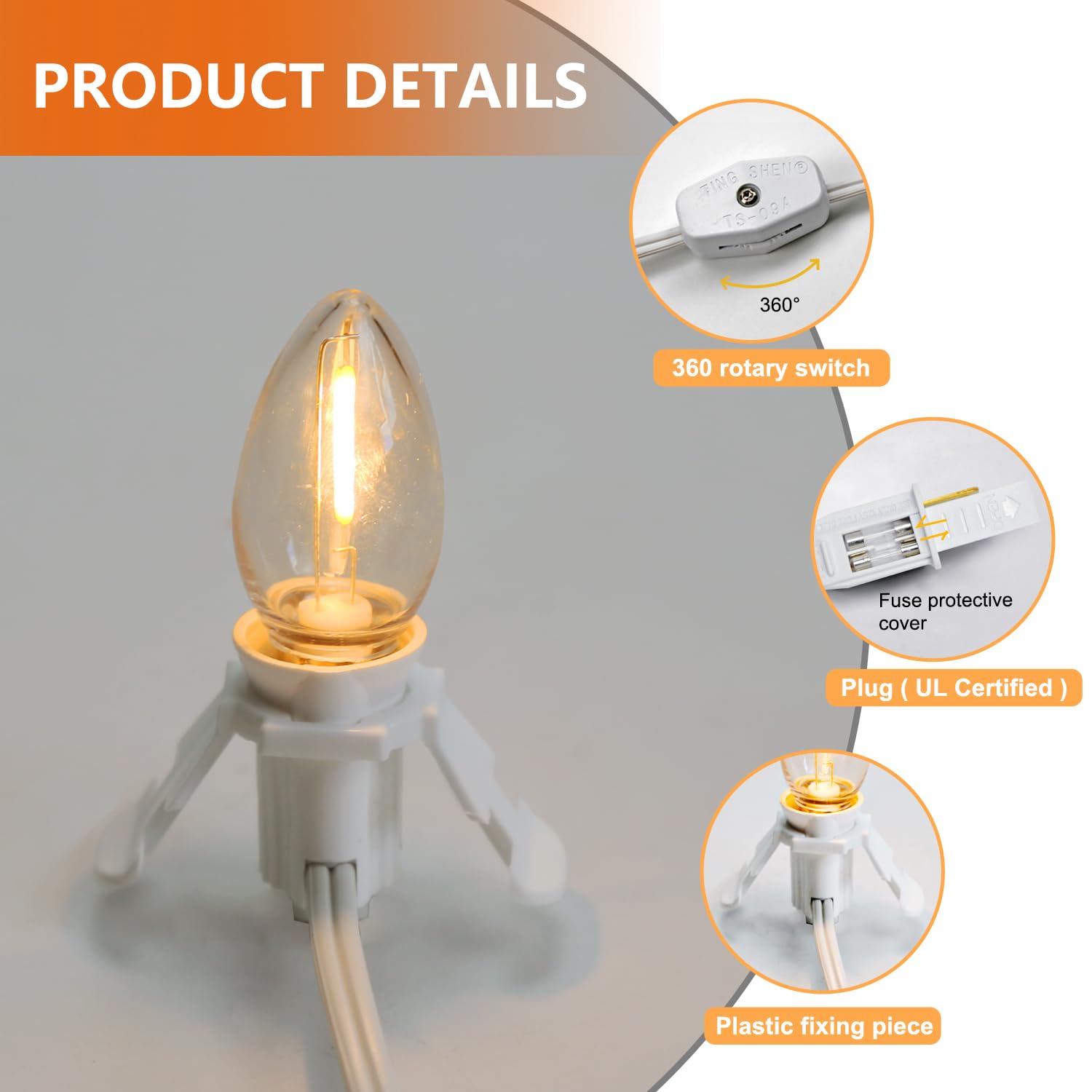 3 Base C7 String Bulbs Christmas Village Light Accessory Cord With 3 Led Light Bulb Universal Clip White Cord With On/Of