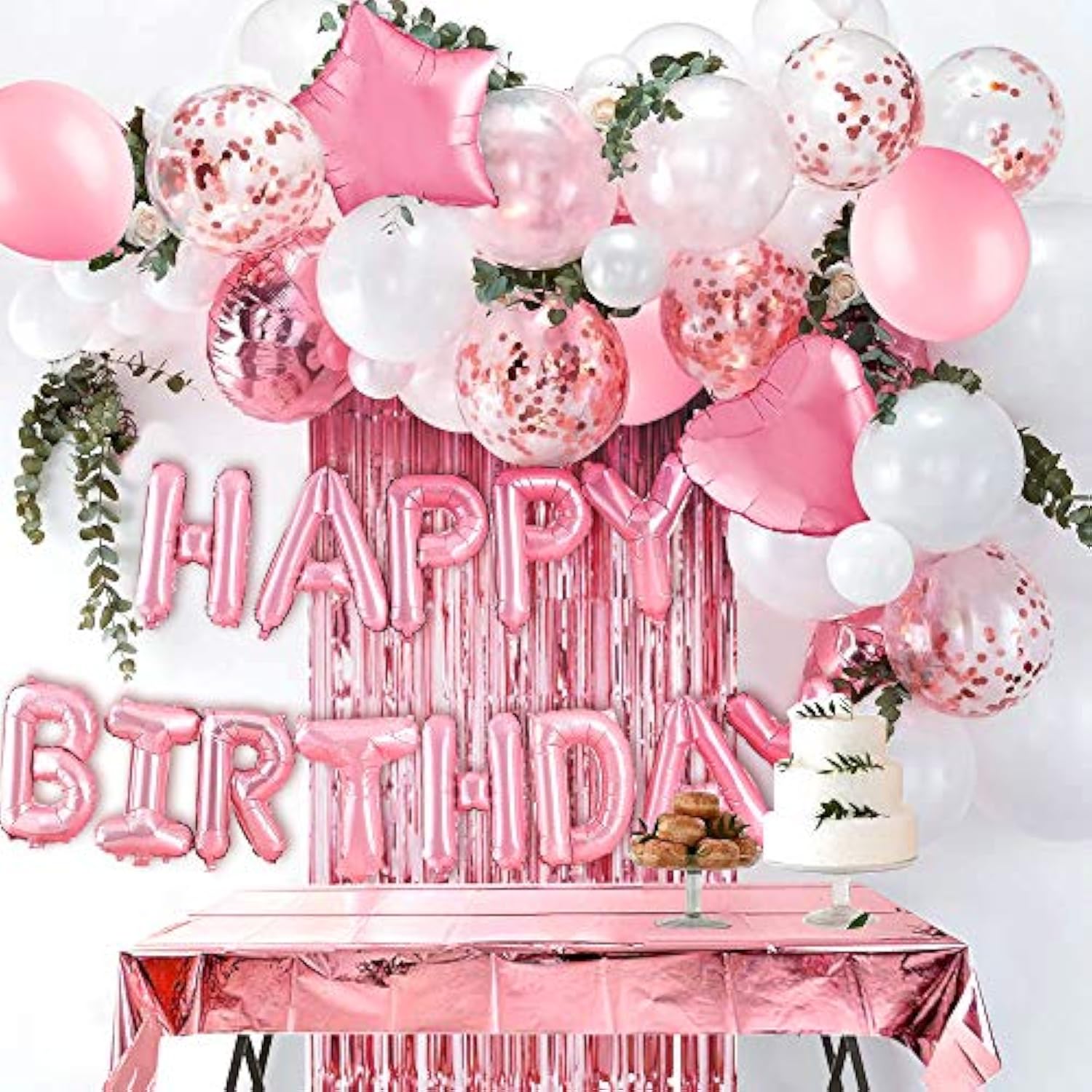 33pcs Pink Birthday Decor Set with Banner, Fringe Curtain, Balloons & Confetti