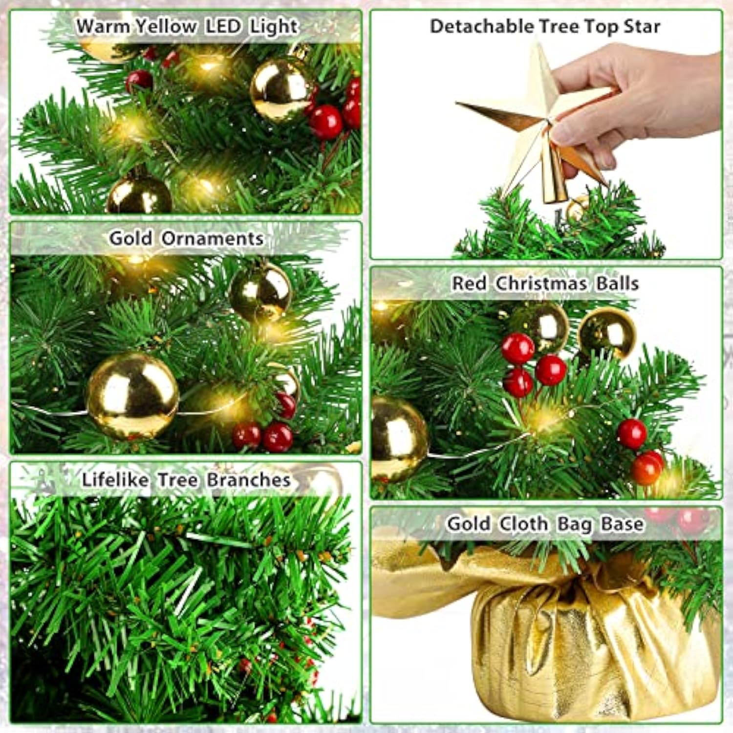 Mini Prelit Christmas Tree, 22" Tabletop Decoration With Warm Lights, Gold Ornaments, Red Berries & Cloth Bag Base
