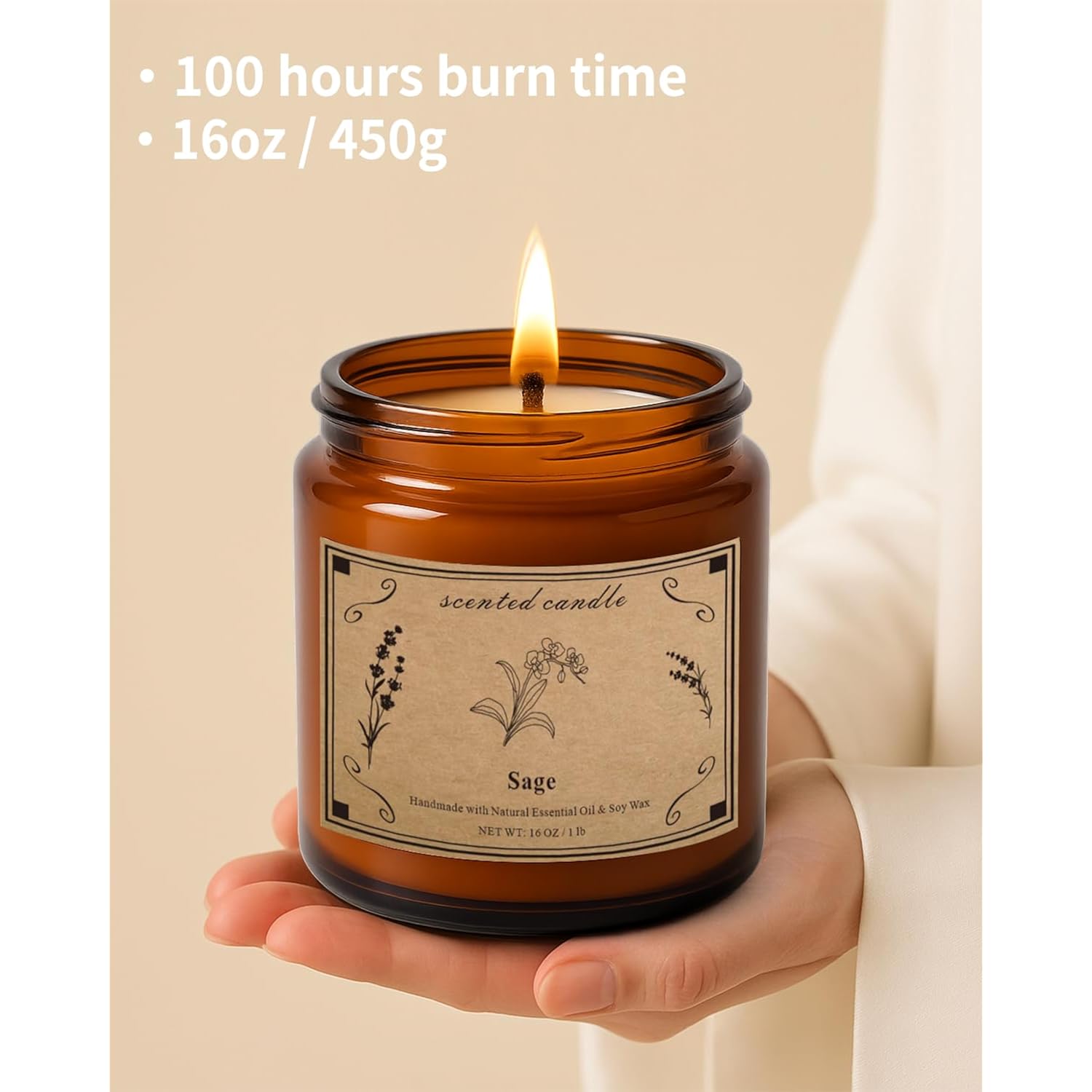 Sage Candles For Cleansing, 16Oz Large Jar White Scented Candle, Over 100 Hours Of Burn Time, Ideal For Home Decor And Gift