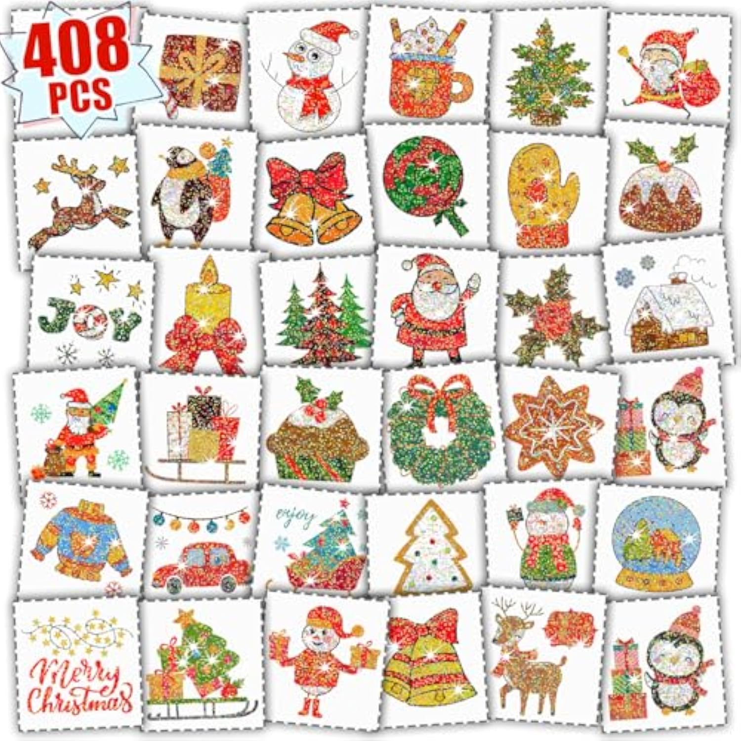 Glitter Kids Tattoos For Christmas Stocking Stuffers, 408 Styles Merry Christmas Party Decorations, Xmas Holiday Party Supplies, Santa Snowman Snowflakes Goodie Bag Fillers