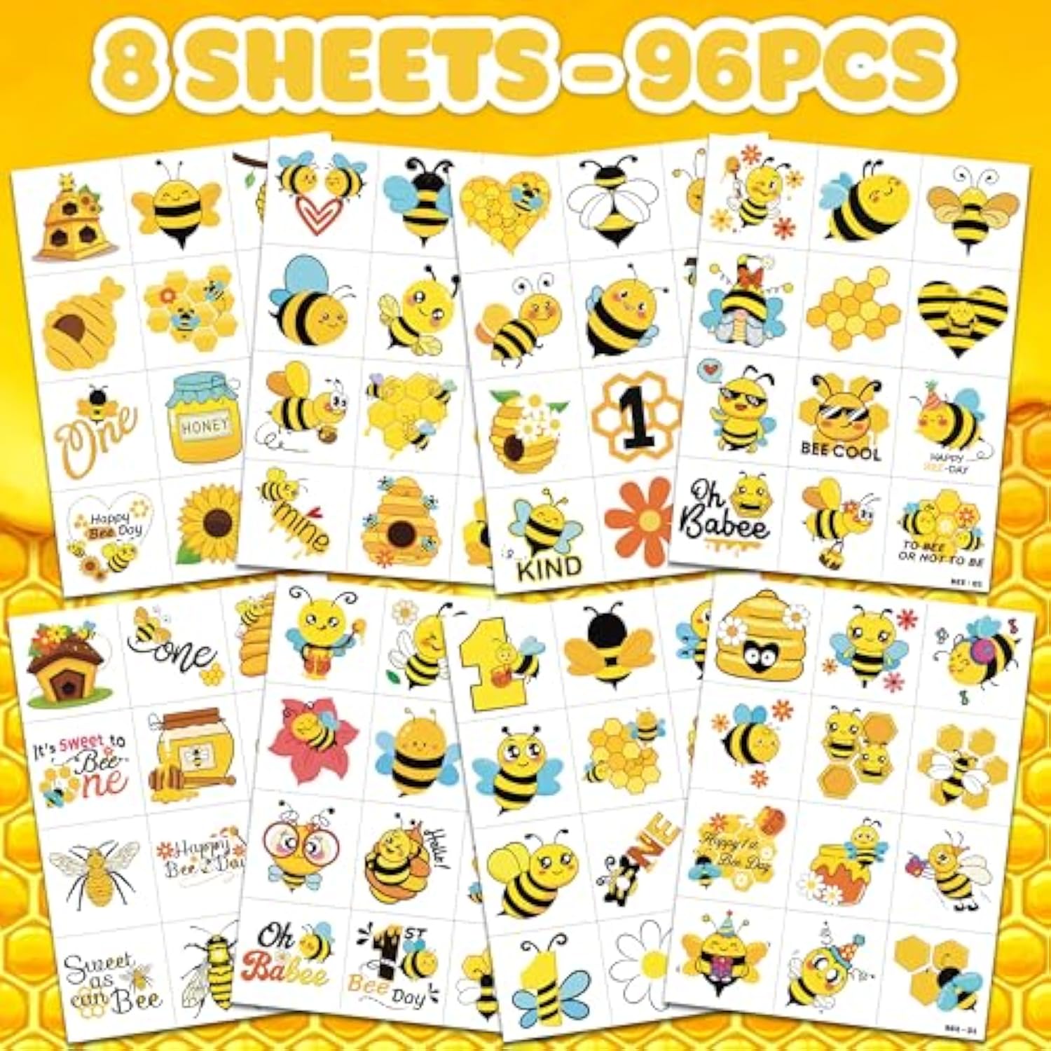 96 Pcs Bee Pre-Cut Temporary Tattoos For Kids | Super Cute First Themed Birthday Party Favors, Supplies, Decorations, Cute Animal Tattoo Stickers, School Rewards Prizes & Gifts Boys Girls