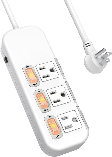 3 Outlet Surge Protector Power Strip 3FT Cord Individual Switches 300J Flat Plug White