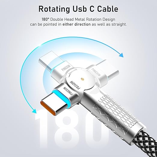240W USB C to USB C Cable 6.6FT 180 Degree Rotating Braided Fast Charging Cord for iPhone 16 MacBook iPad Samsung