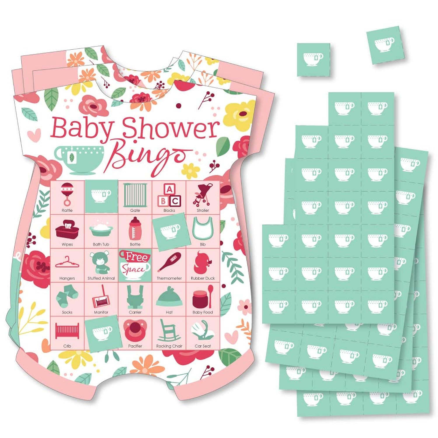 Big Dot of Happiness Floral Let’s Par-Tea - Picture Bingo Cards and Markers - Garden Tea Party Baby Shower Shaped Bingo Game - Set of 18