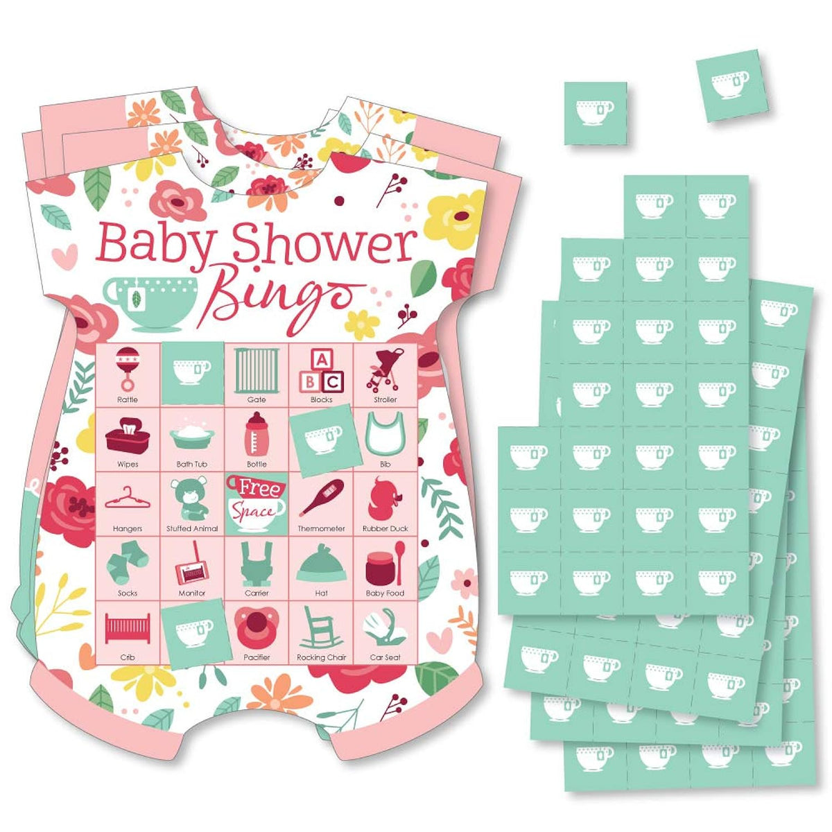Big Dot of Happiness Floral Let’s Par-Tea - Picture Bingo Cards and Markers - Garden Tea Party Baby Shower Shaped Bingo Game - Set of 18