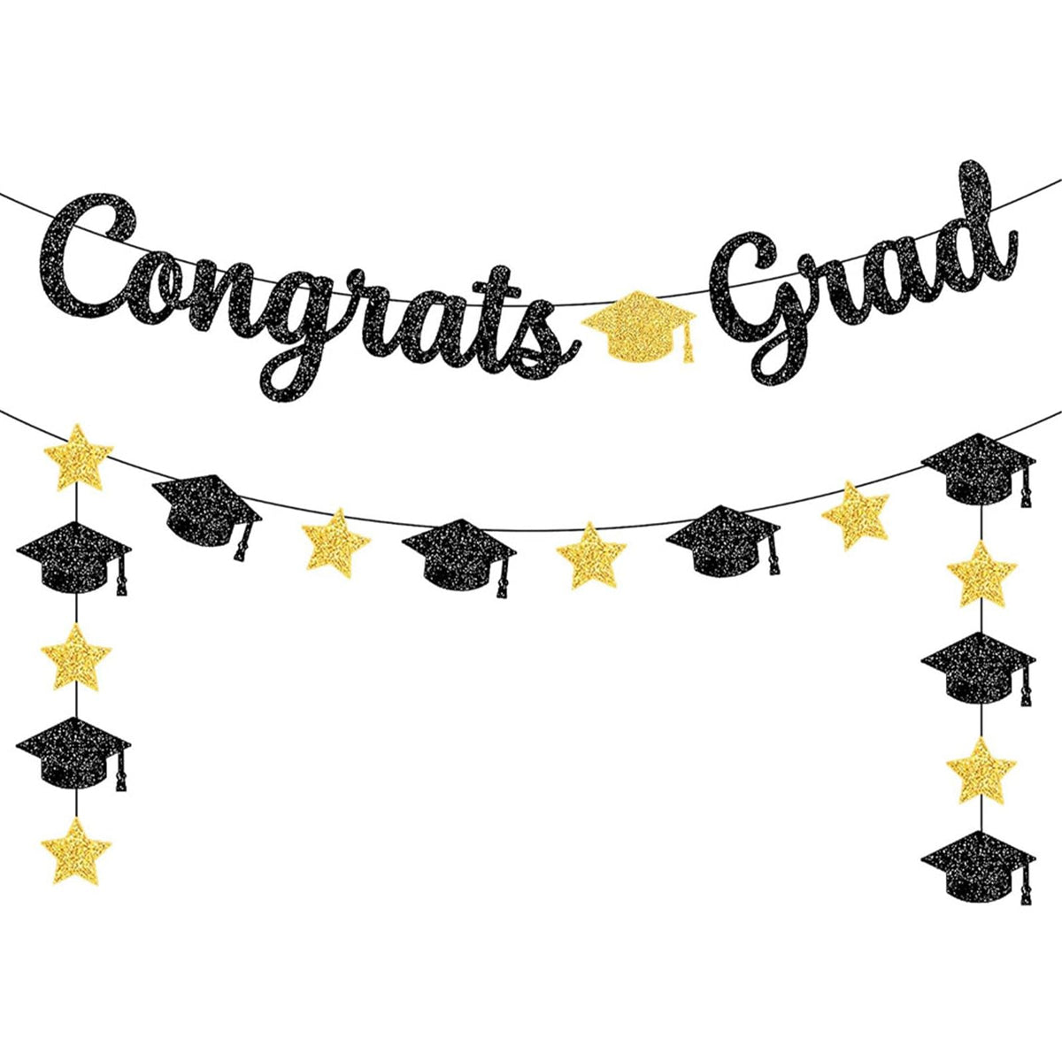 Pre-Strung Graduation Banner Sign, Glitter Congrats Grad Banner, Black Gold