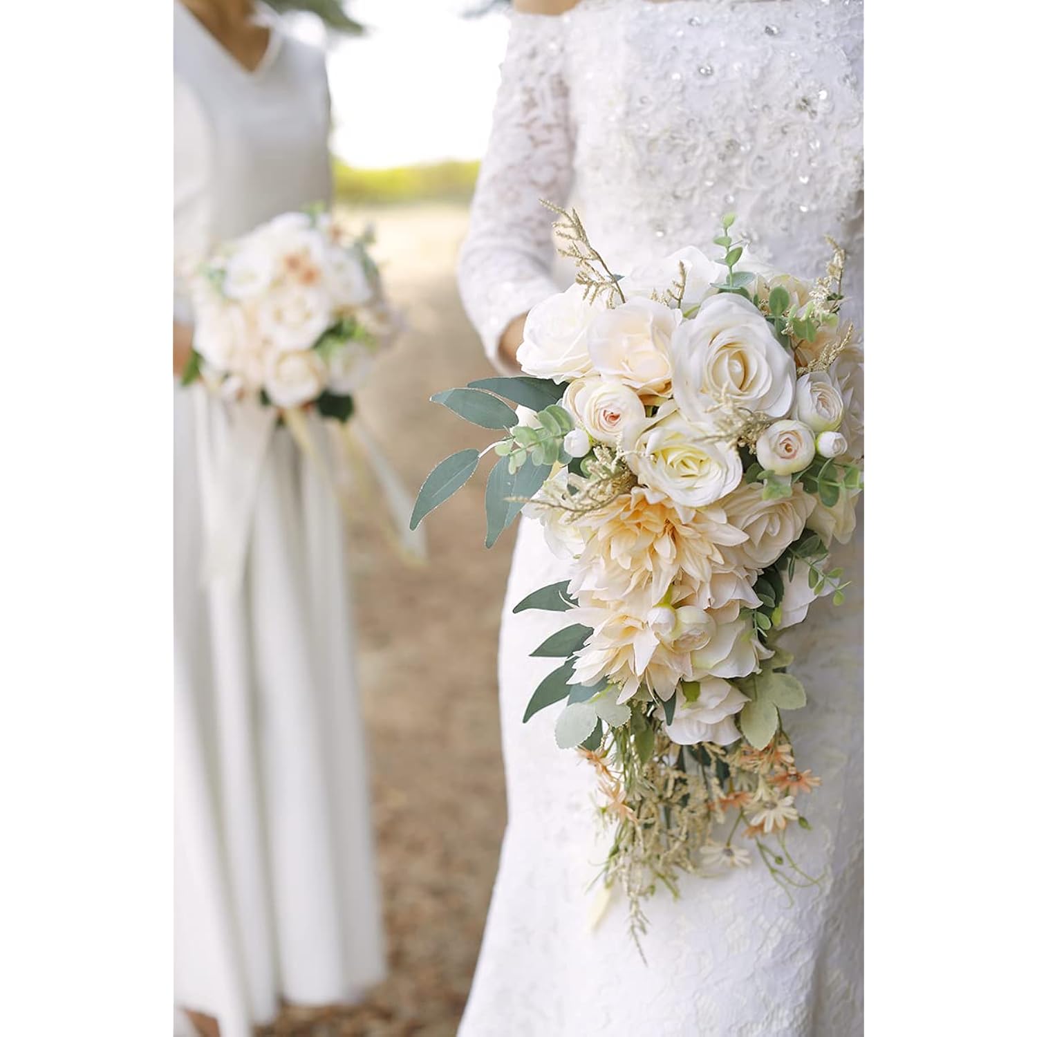 Cascading Bouquets For Bride Beige Rose Artificial Bridal Bouquet For Boho Rustic Wedding Ceremony Anniversary