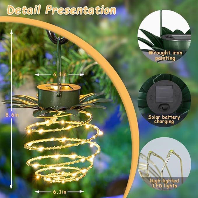 2 Pack Solar Pineapple Hanging Lantern Lights 60 LED Waterproof Outdoor Garden Decor