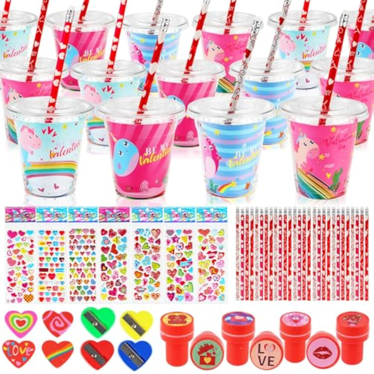 Valentines Day Gifts For Kids - 28 Packs Valentines Stationery With Cards And Cups, Valentines Gift Exchange Classroom Prize Rewards Party Favors Toys