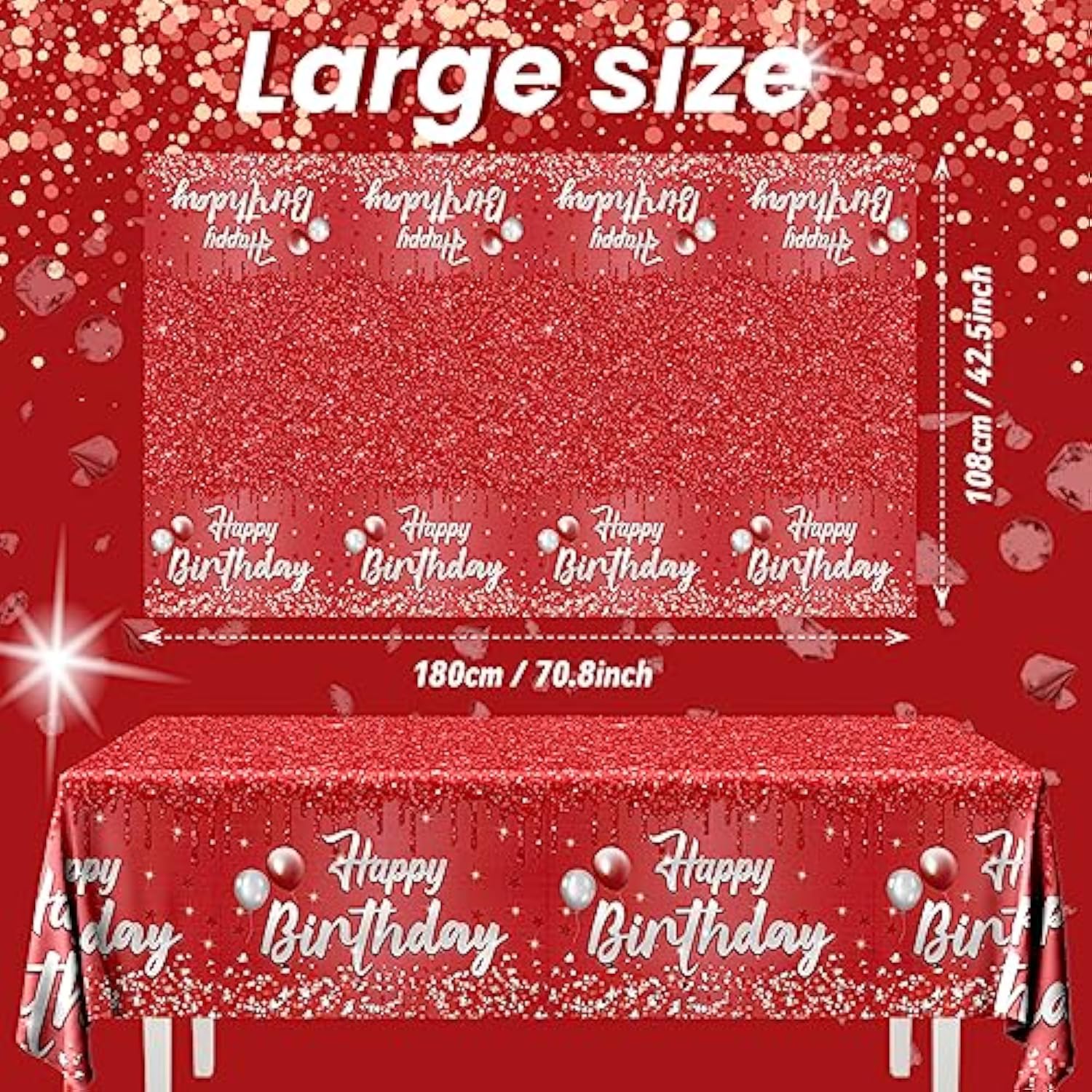 3pcs Red and Silver Glitter Birthday Tablecloths for Party Decorations