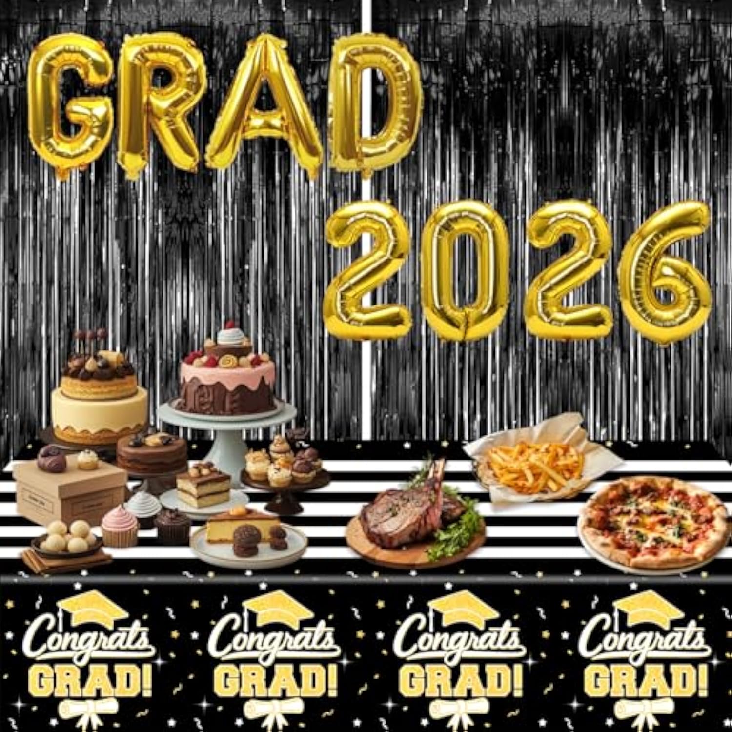 7-Pack Graduation Party Decorations Kit: 3 Black-Gold Graduation Tablecloths (54"X108") + 2 Foil Balloons (2026 & Grad) + 2 Matching Foil Backdrop Curtains, Leakproof & Sturdy