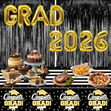 7-Pack Graduation Party Decorations Kit: 3 Black-Gold Graduation Tablecloths (54"X108") + 2 Foil Balloons (2026 & Grad) + 2 Matching Foil Backdrop Curtains, Leakproof & Sturdy
