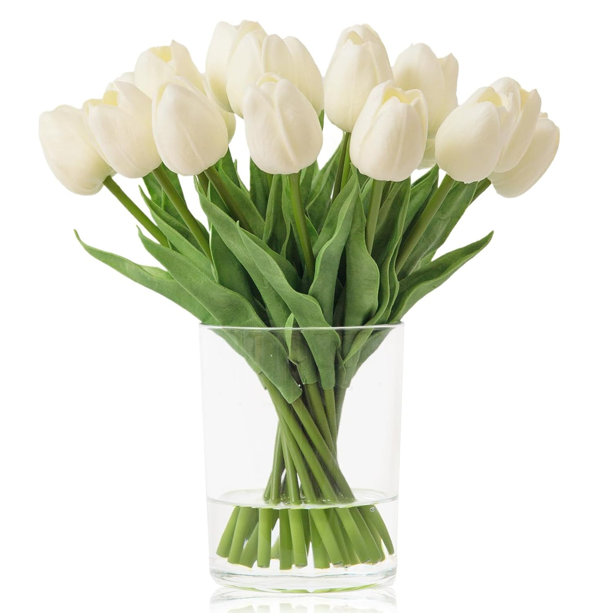 20 Pcs White Tulips Artificial Flowers In Vase, Fake Flowers In Glass Vase, Real Touch Fake Tulips Artificial Flowers In Vase With Faux Water For Home Decoration, Dining Table