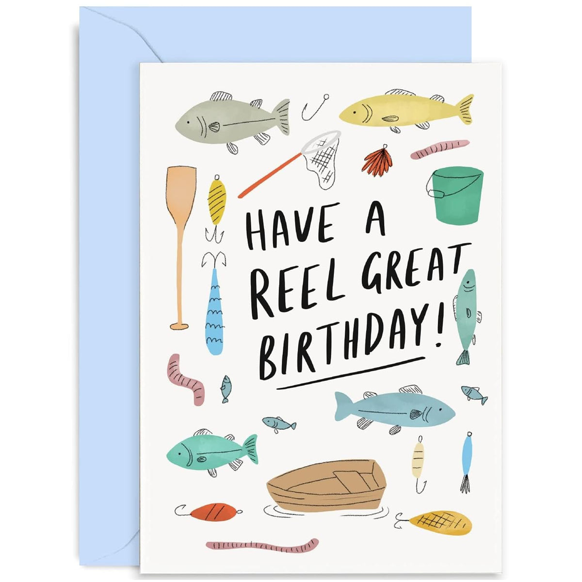 Old English Co. Fishing Happy Birthday Card For Him Her - Fisherman Birthday Card For Brother, Son, Dad, Husband - Sports Birthday Card For Men | Blank Inside Envelope