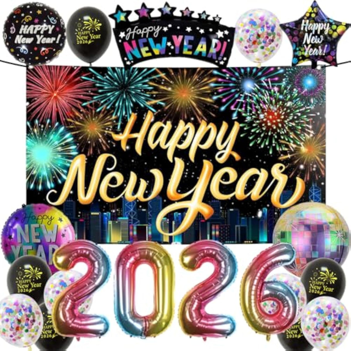 New Years Eve Party Supplies 2026, Rainbow Black Happy New Year Decorations Kit, Banner, Latex Confetti Balloons, 2026 Foil Balloons, 2026 New Year Eve Photography Background