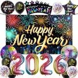New Years Eve Party Supplies 2026, Rainbow Black Happy New Year Decorations Kit, Banner, Latex Confetti Balloons, 2026 Foil Balloons, 2026 New Year Eve Photography Background