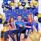 Navy Blue Birthday Decorations For Men With Happy Bithday Banner, Curtains, Bottle, Crown, Heart Star Balloons And Led Light For Birthday Party Supplies(Navy-Blue)