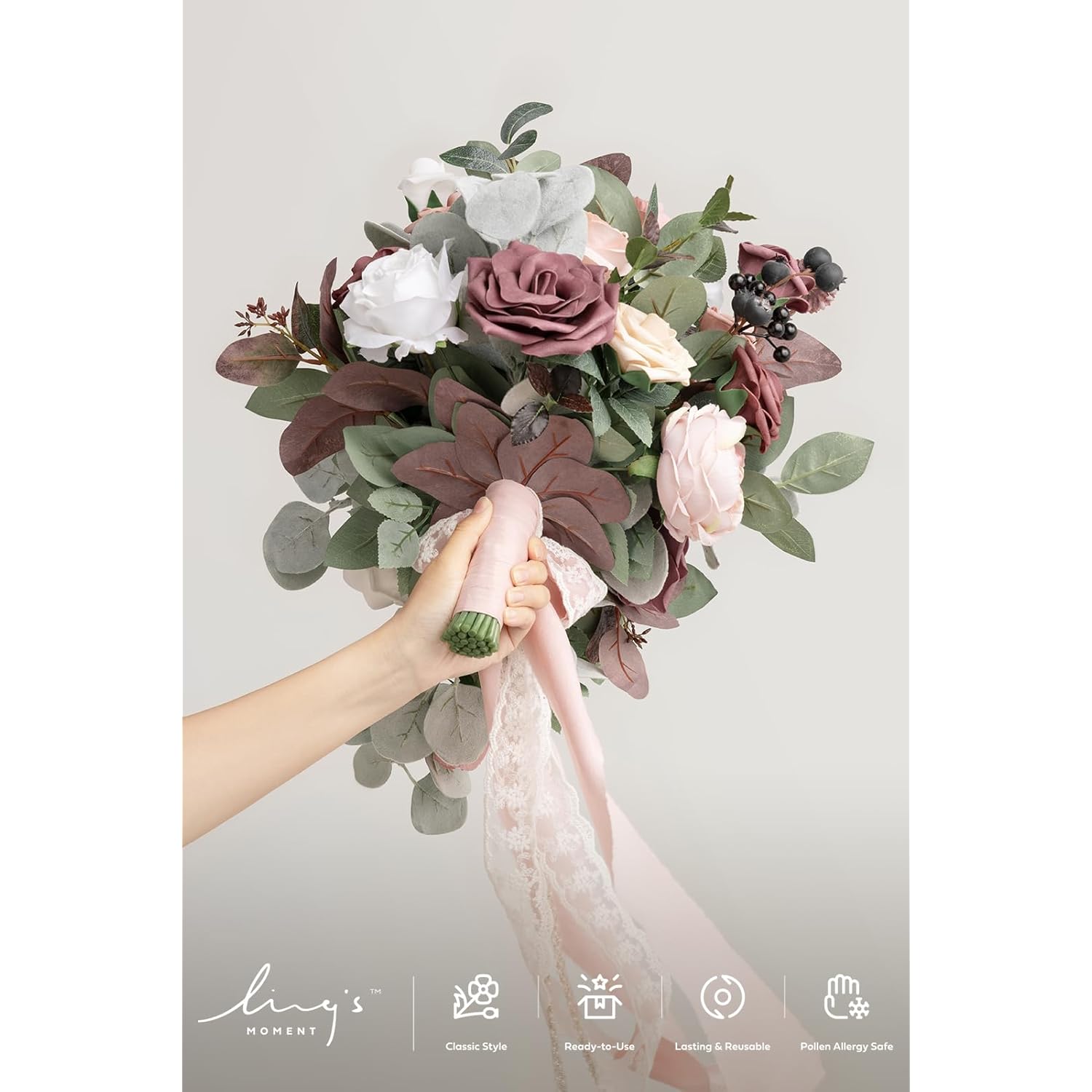 Pink Wedding Bouquets For Bride, Dusty Rose And Mauve Bridal Bouquets For Bride, 15 Inch Free Form Artificial Wedding Flowers Bouquets