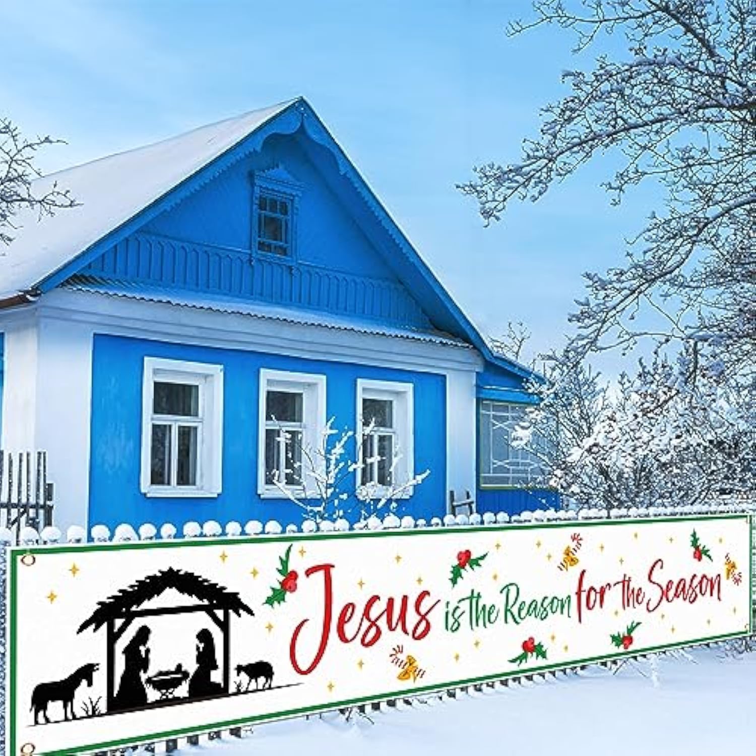 Jesus Is The Reason For The Season Banner Christmas Outdoor Decorations 9.8 X 1.6 Ft Nativity Manger Scene Yard Fence Sign For Religious Christian Christmas Xmas Winter Decor(White,Fresh)