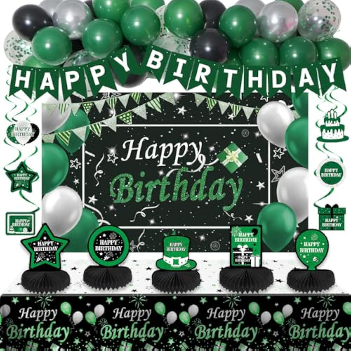 Green And Black Birthday Decorations, Green Party Decorations For Men Boys Women Girls With Balloons Arch Garland Kit Happy Birthday Banner Tablecloth Backdrop Decorations Bady Party Supplies