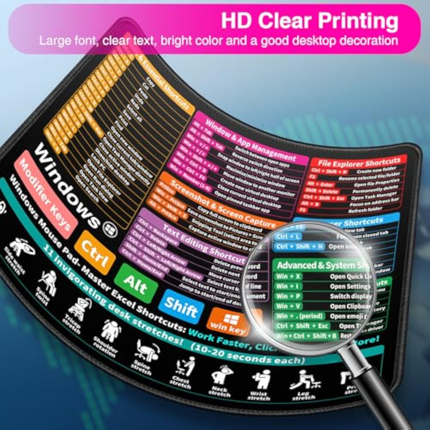 Portable Shortcut Mouse Pad – 11.8"X9.8" Small Excel Cheat Sheet Desk Pad For Windows – 3Mm Pc Office Spreadsheet Keyboard Computer Mat – Stitched Edges Anti-Slip