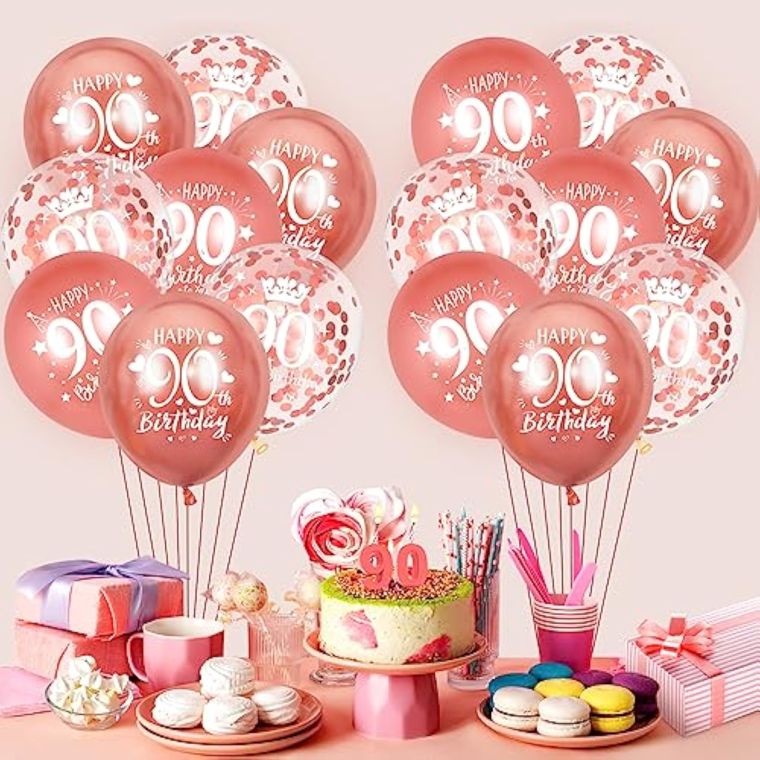 90Th Latex Birthday Balloons,15 Pcs Rose Gold Happy 90Th Birthday Balloons, Rose Gold 90Th Birthday Party Decorations Balloons For Women Men 90Th Birthday Anniversary Decoration