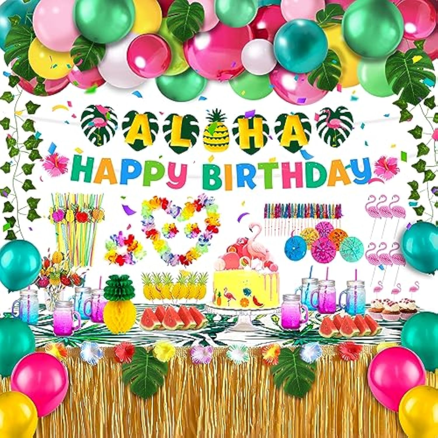 Luau Party Decorations,Hawaiian Birthday Party Decorations,Aloha,Beach Theme Party,Tropical Party,Grass Table Skirt,Palm Leaves,Hibiscus Flowers,3D Fruit Straws,Flamingo And Pineapple