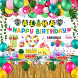 Luau Party Decorations,Hawaiian Birthday Party Decorations,Aloha,Beach Theme Party,Tropical Party,Grass Table Skirt,Palm Leaves,Hibiscus Flowers,3D Fruit Straws,Flamingo And Pineapple