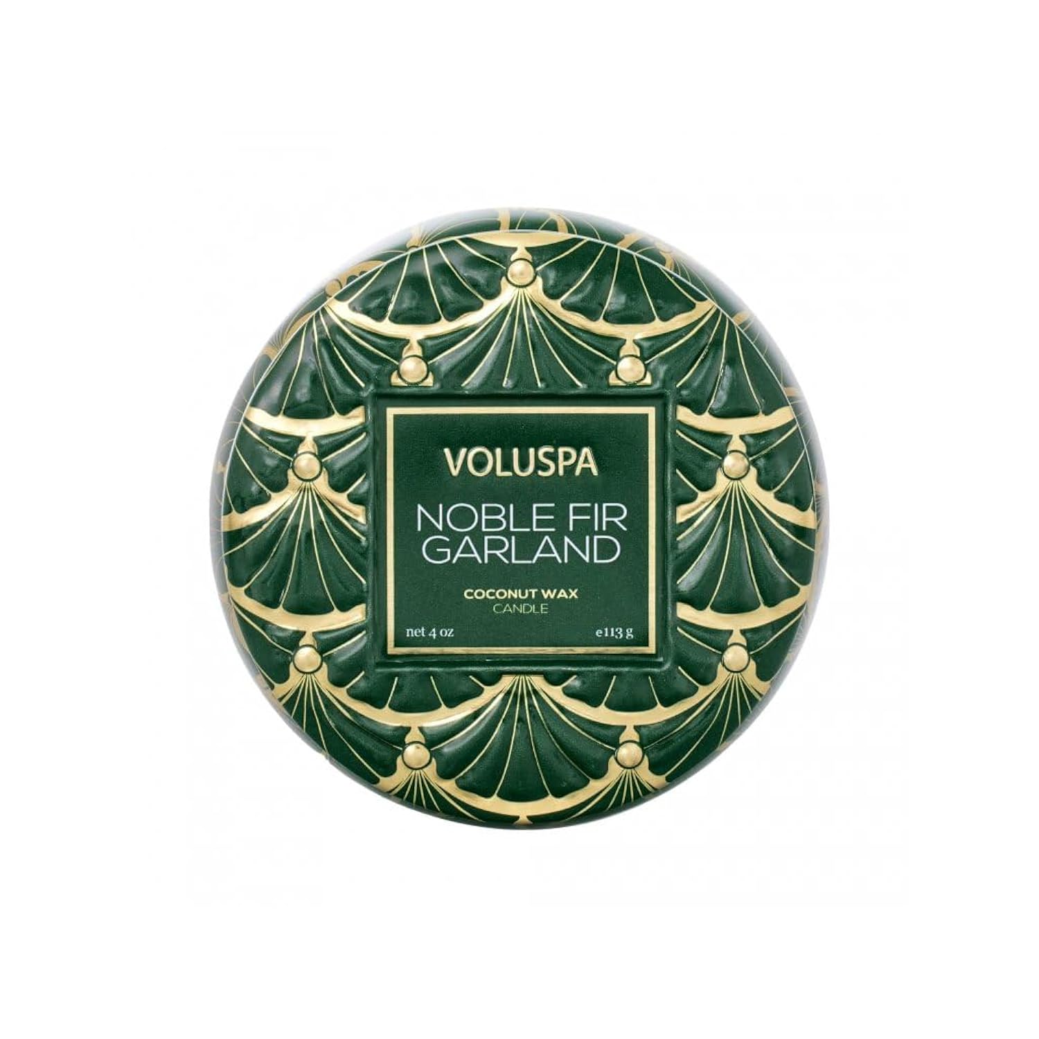 Voluspa Noble Fir Garland, Mini Tin Candle, 4 oz, 25 Hour Burn Time, Coconut Wax Candle for The Home, Poured in The USA