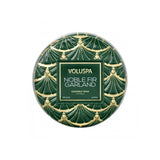 Voluspa Noble Fir Garland, Mini Tin Candle, 4 oz, 25 Hour Burn Time, Coconut Wax Candle for The Home, Poured in The USA