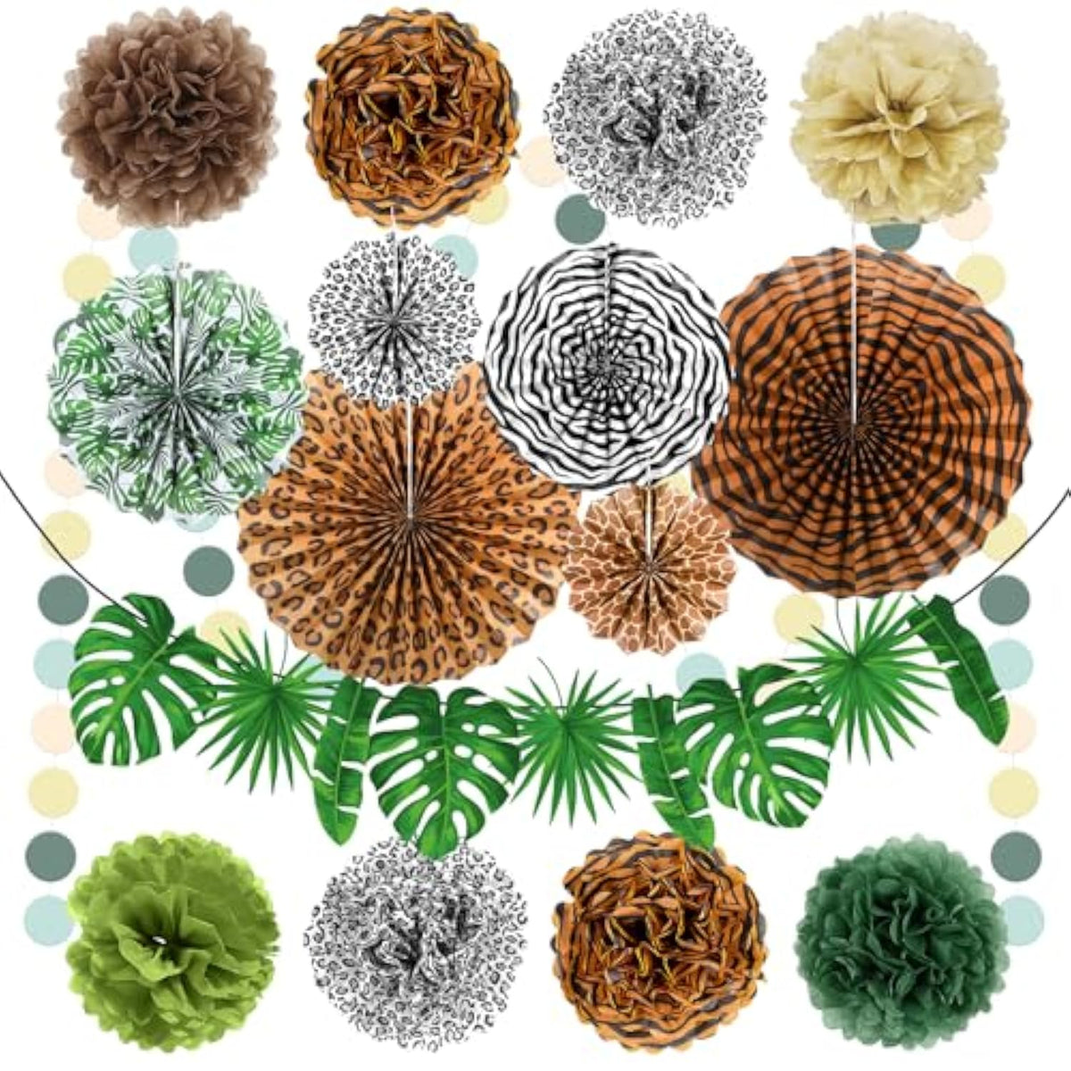 16 Pcs Jungle Safari Party Decorations Safari Theme Hanging Paper Fans Birthday Decor Tropical Palm Leaves Dots Banner Jungle Wild Animal Leopard Print Pompoms Baby Shower Party Supplies
