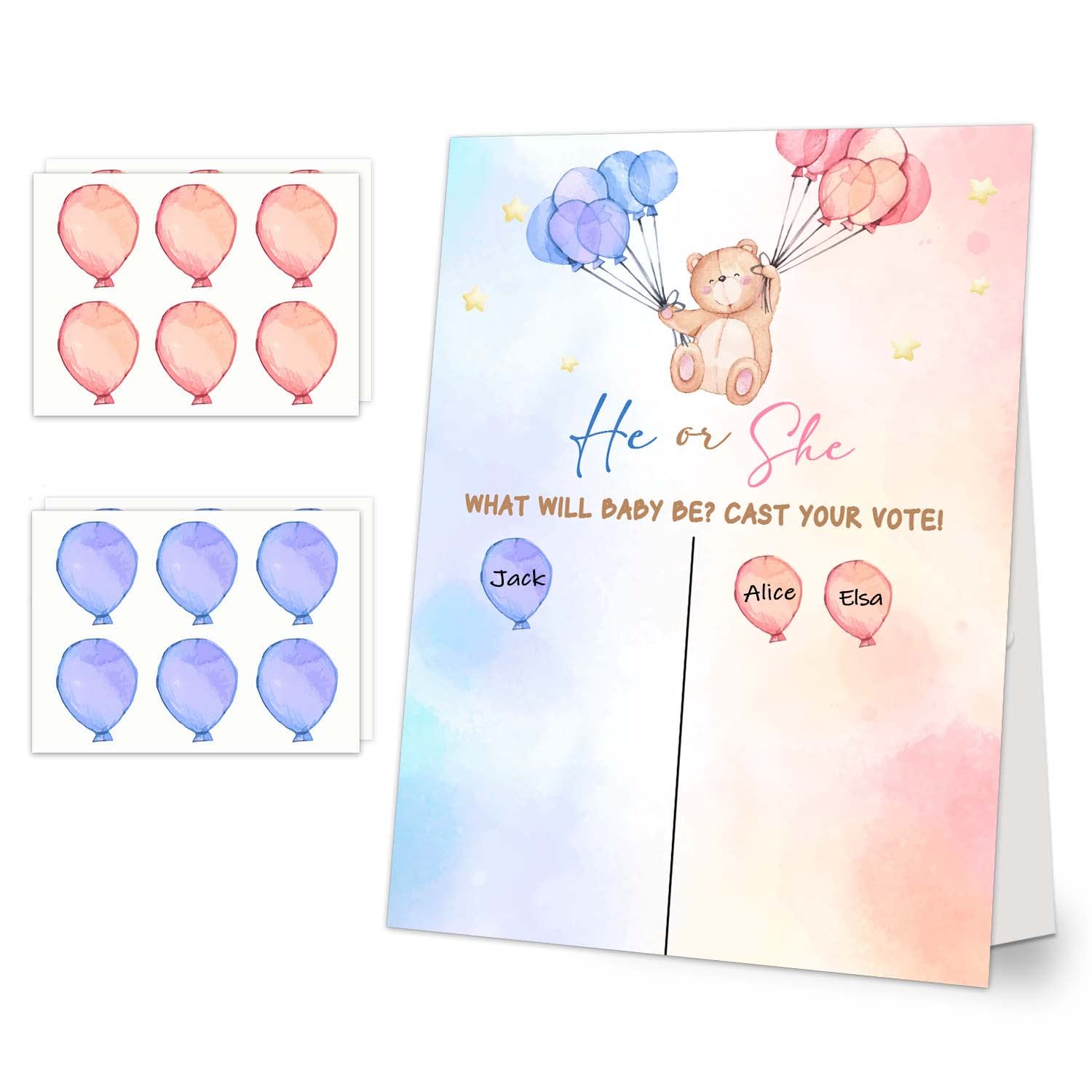 Gender Reveal Voting Board Sign, Bear Theme Guess The Gender Reveal Game For 30 Pcs Baby Shower With Boy Girl Voting Stickers, He Or She What Will Baby Be Sign, Party Supplies With Decorations Games