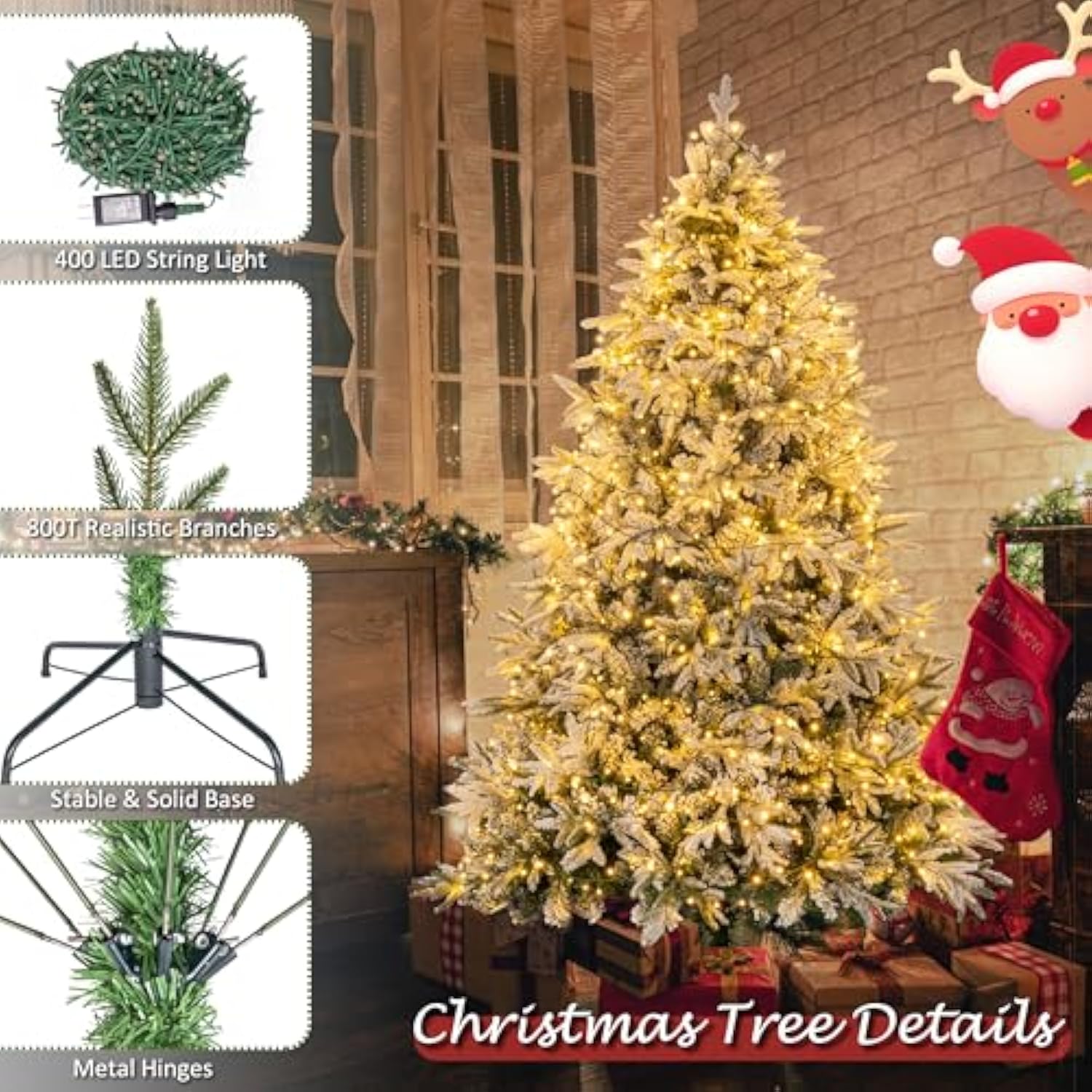 6Ft Artificial Snow Flocked Christmas Tree With 400 Led Lights (Not Pre-Lit), Xmas Tree Full Tree With 800 Branch Tips & 11 Modes Light, Rgb & Warm White Light, Foldable Stand For Home