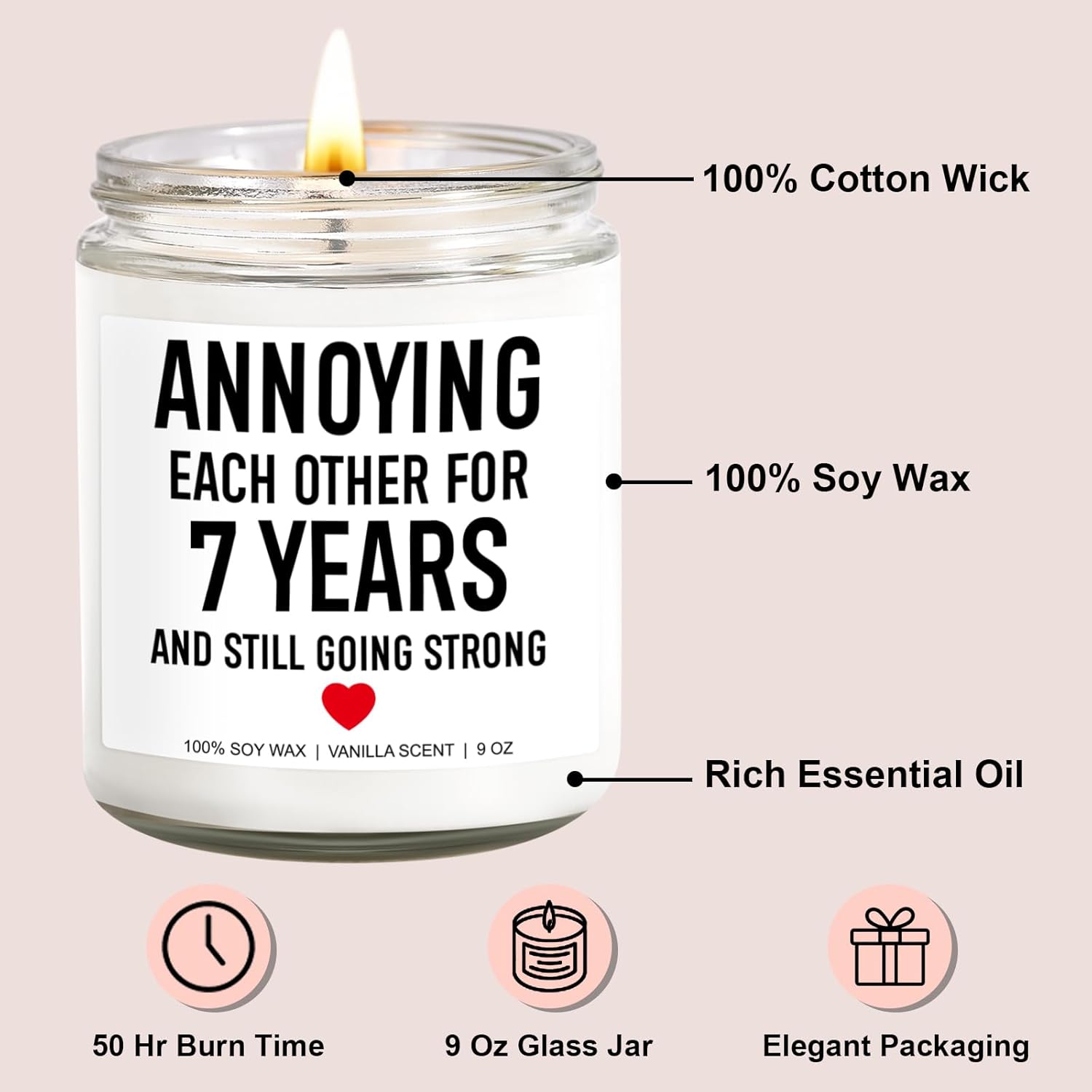 Funny 7 Years Candle, 7 Year Copper Anniversary, Gifts For Him, Her, Men, Women, 7Th Anniversary, Gifts For Couple, Husband, Wife, Happy 7Th Wedding Anniv. Presents Or Decorations