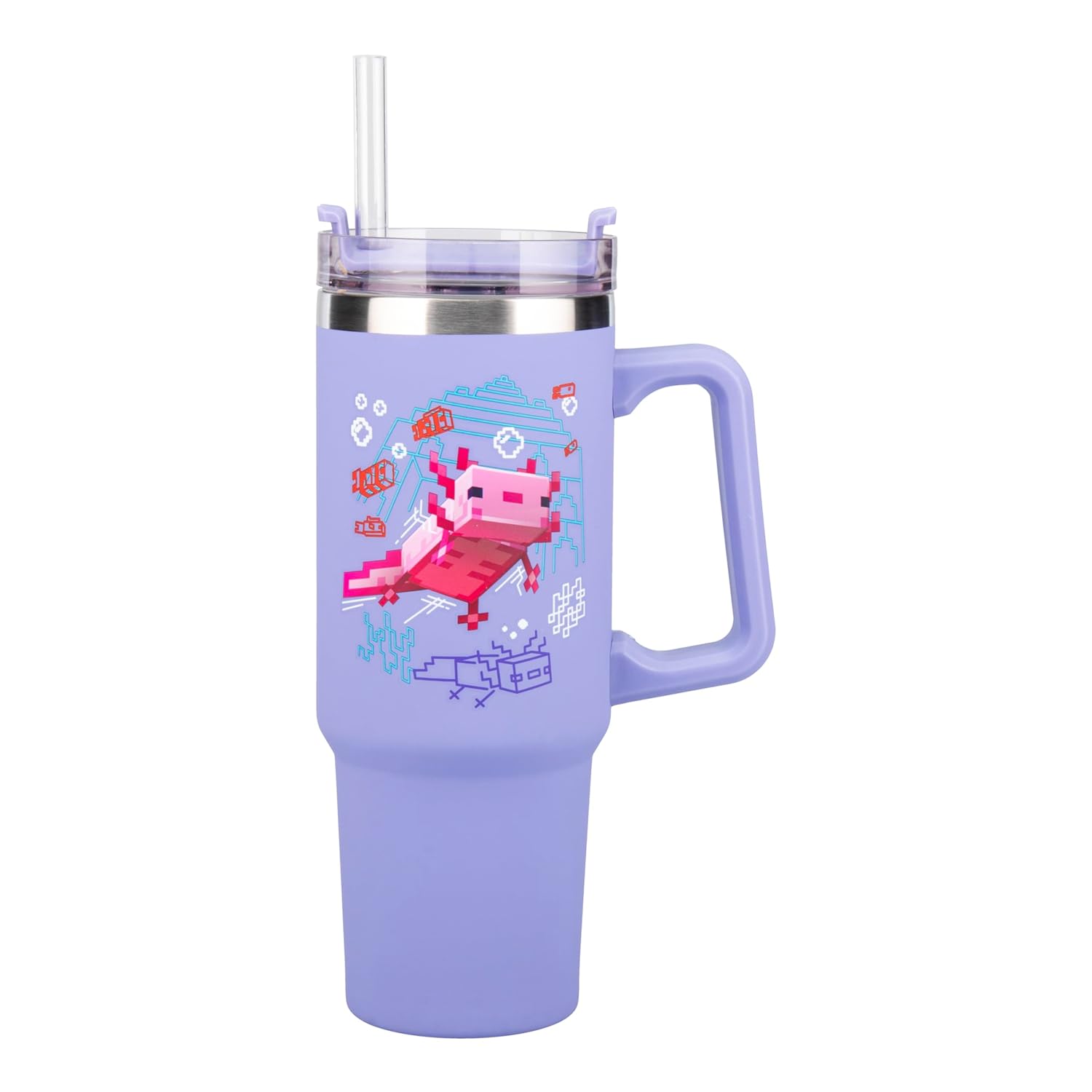 Paladone Minecraft Axolotl 900 ml Purple Insulated Cup and Straw, Officially Licensed Quencher Travel Cup with Handle for Iced Tea or Coffee, Gaming Merchandise