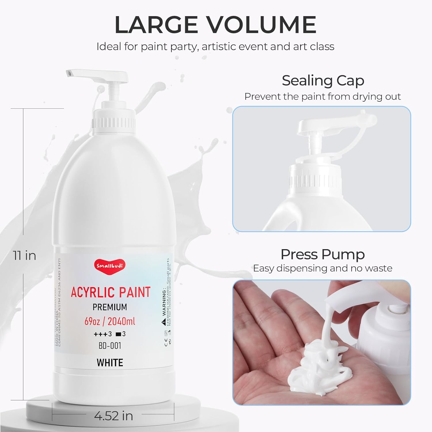 White Acrylic Paint Large Bottle (69Oz /2040Ml) Rich Pigment White Paint For Multi Surface Canvas Wood Ceramic Leather Fabric Rock Craft, Non Toxic For Kid & Adult, With Pump & Sealing Cap