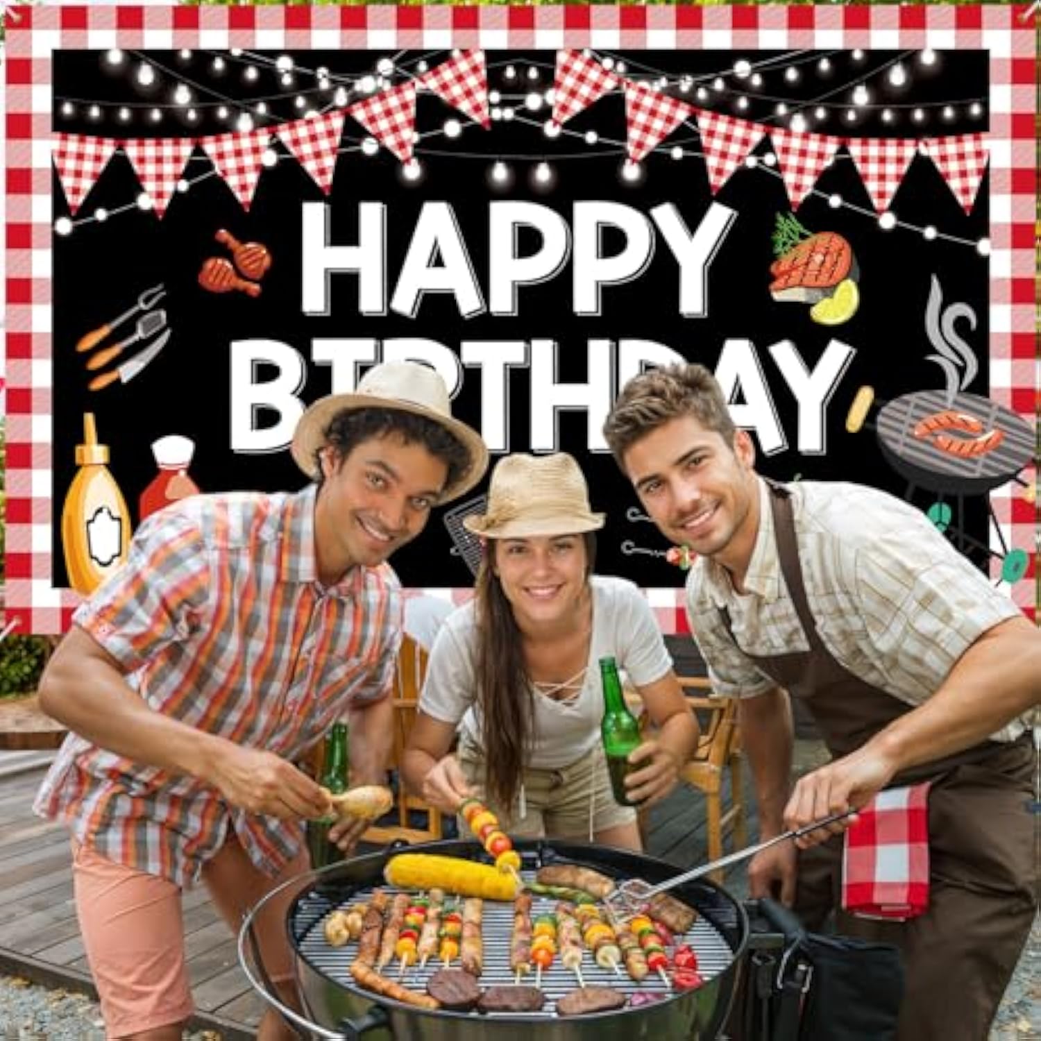 Bbq Birthday Party Decorations - Large Happy Birthday Banner, Red Gingham Picnic Backdrop For Baby Shower, Barbecue Party Supplies, Yard Outdoor 70.8 X 43.3 Inch