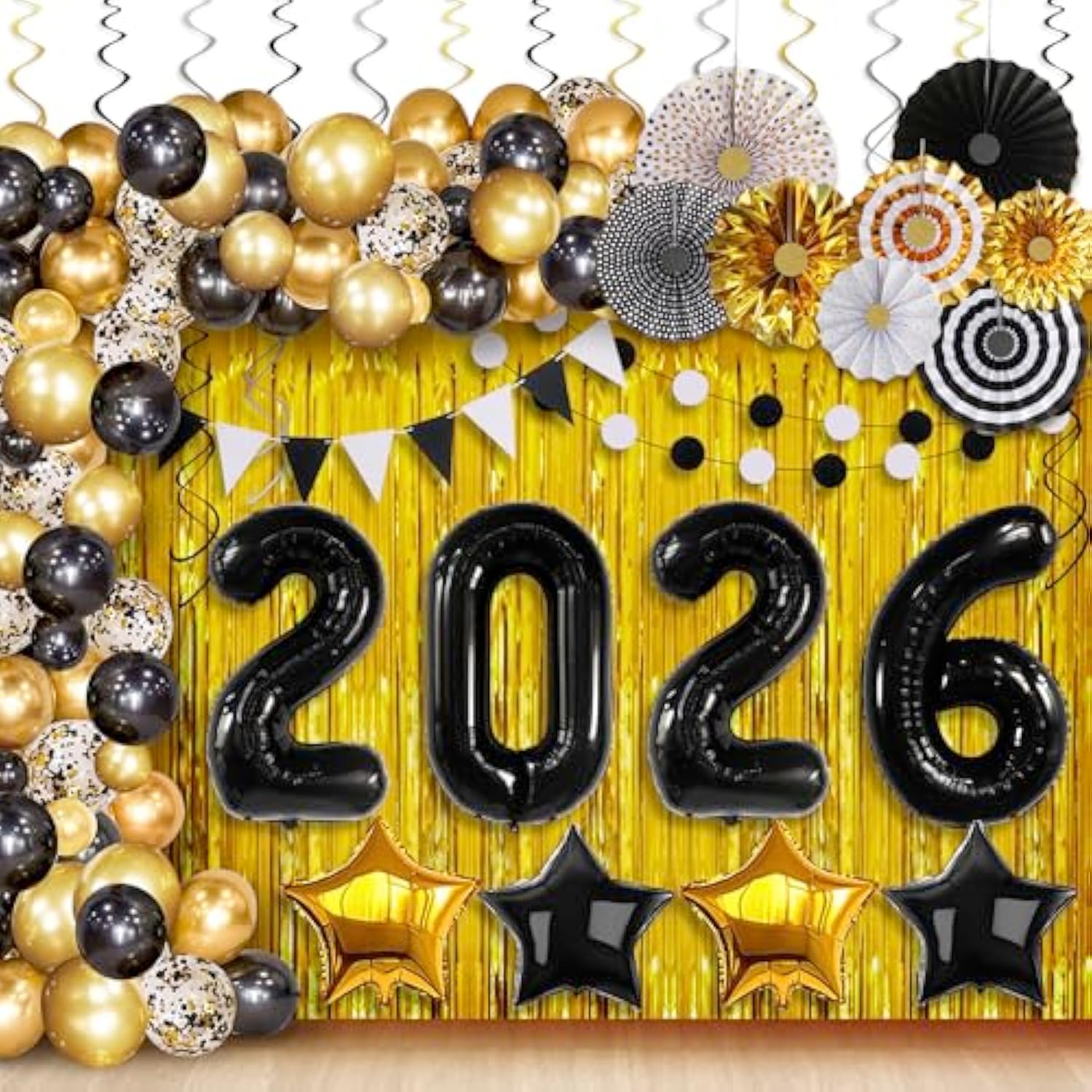115 Pc 2026 Black Gold New Year Party Set with Balloon Arch and Backdrop