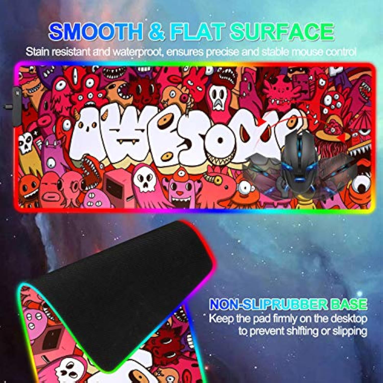 Rgb Gaming Mouse Pad Large Anime Graffiti Non-Slip Rubber Base Mice Keyboard Mat (Red)