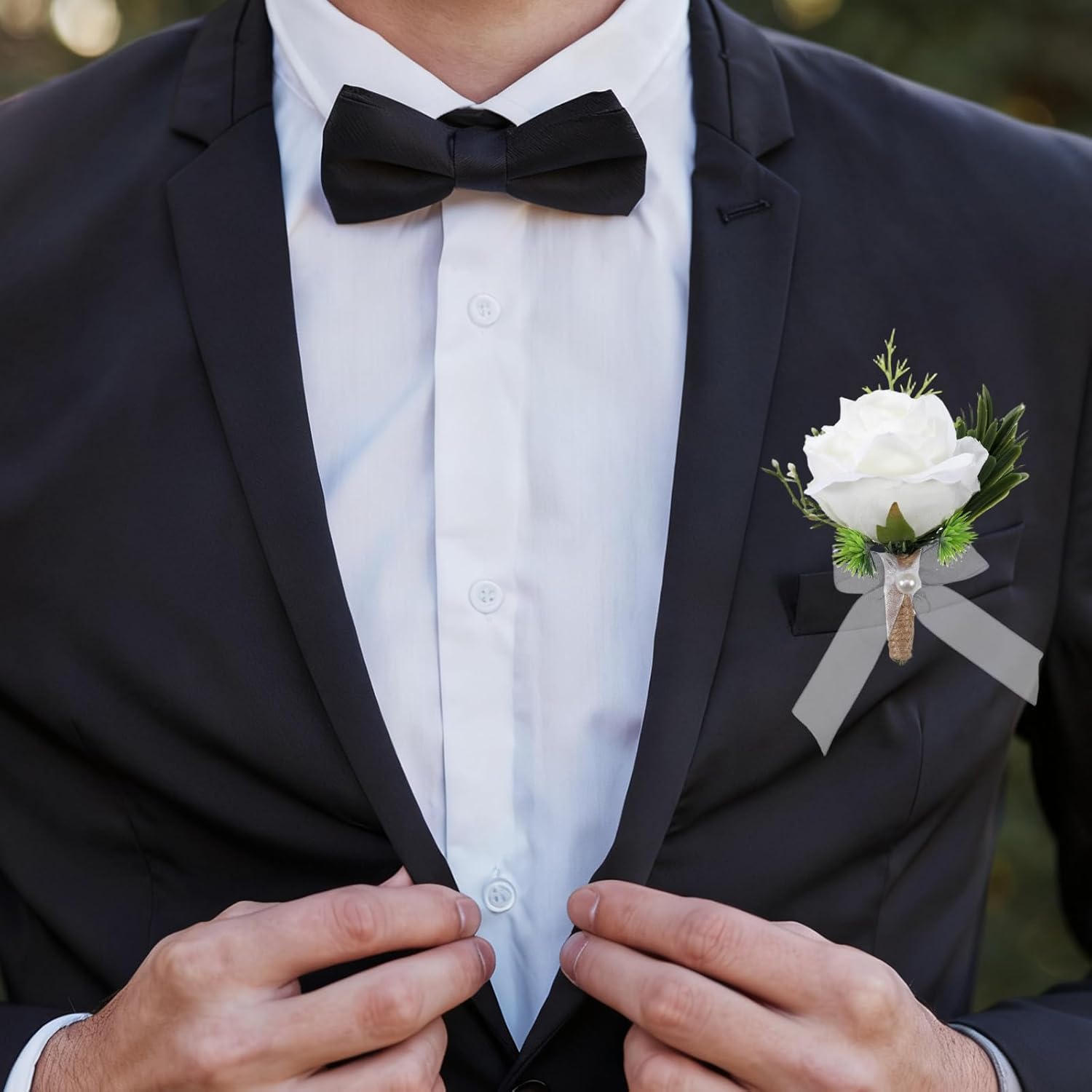 Boutonniere For Men, 2Pcs White Rose Wedding Bouquet Artificial Flowers, Corsage And Boutonniere Set For Groom Groomsmen, Anniversary Celebration Prom Party Formal Events