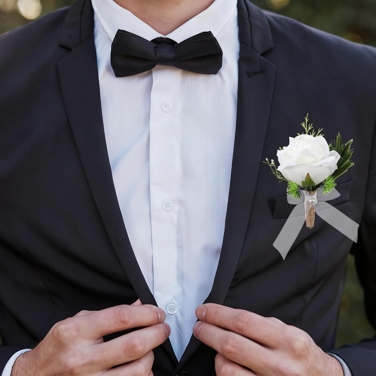 Boutonniere For Men, 2Pcs White Rose Wedding Bouquet Artificial Flowers, Corsage And Boutonniere Set For Groom Groomsmen, Anniversary Celebration Prom Party Formal Events