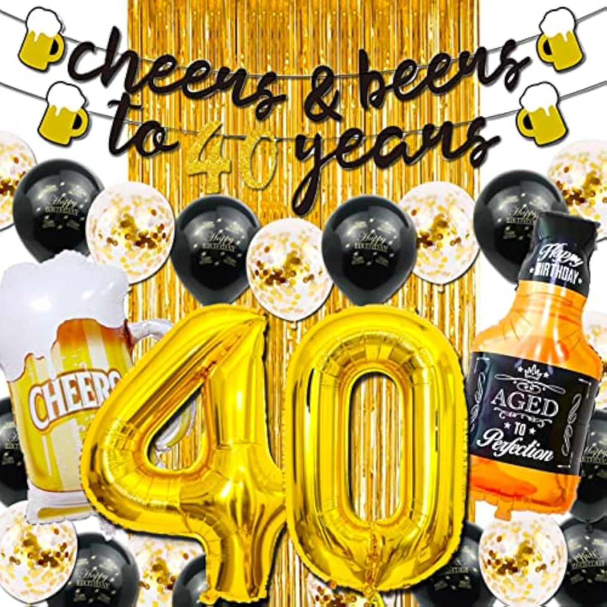 40th Birthday Decorations Gold 40-Inch Balloons, Banner, Fringe & Foil Cups