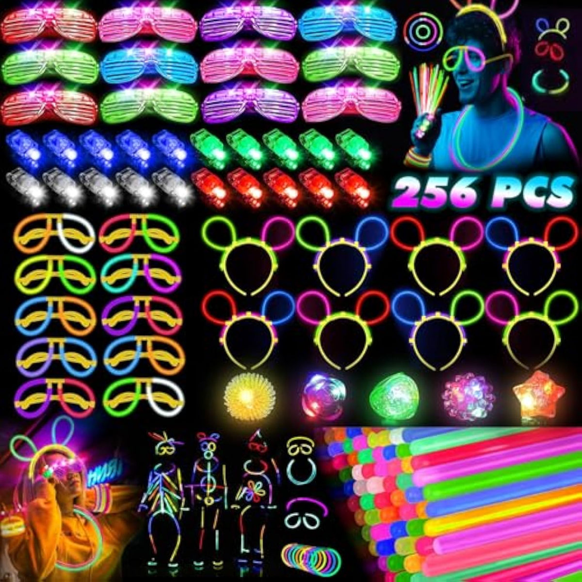 Glow In The Dark Supplies For Kids Adults, Light Up Party Favors, 56 Led Light Up Toys, 100 Glow Sticks Bulk Party Pack Diy Glasses Headbands Necklaces For Neon Party Supplies & Decorations