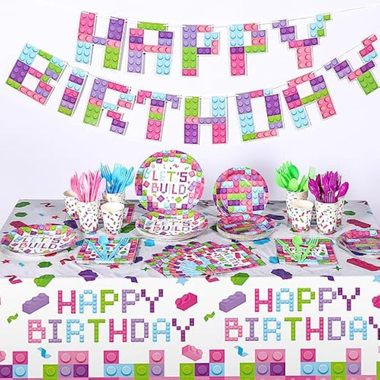 171 Pcs Building Block Birthday Party Supplies Tableware Kit Include Plates Cups Knives Forks Spoons Napkins Tablecloths Banner For Girls Birthday Party Decoration Serve 24 Guest (Sweet Color)