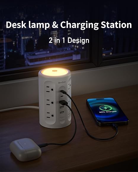 Power Strip Tower 12 Outlets 5 USB Ports 10FT Extension Cord Night Light