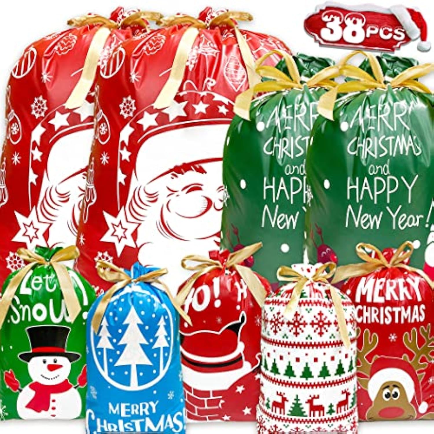Christmas Drawstring Gift Bags 38Pcs Christmas Bags For Gifts With Drawstrings Large Drawstring Christmas Gift Bags Assorted Sizes Christmas Wrapping Bags Christmas Gift Bags With Drawstring 3 Sizes And 7 Designs